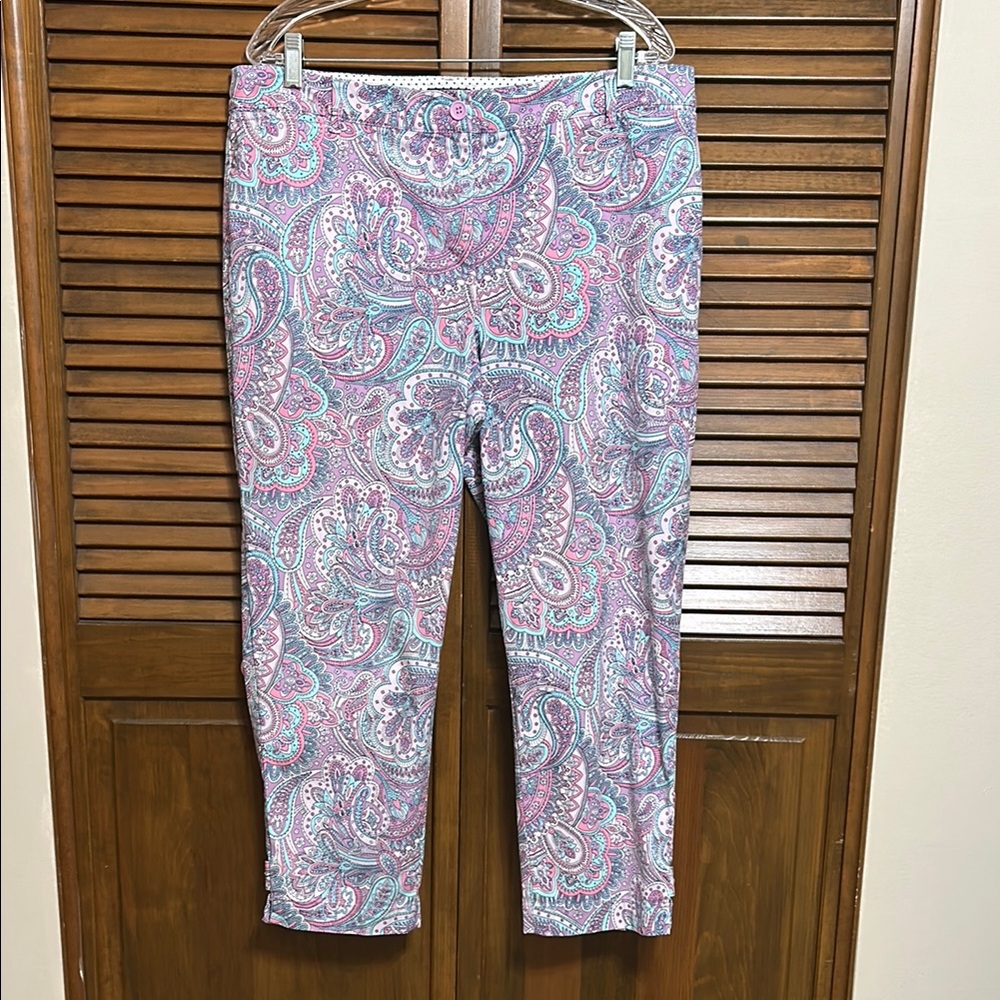 Talbots Perfect Crop Style Colorful Purple Paisley Print Ankle Pants Size 14 - Picture 2 of 8